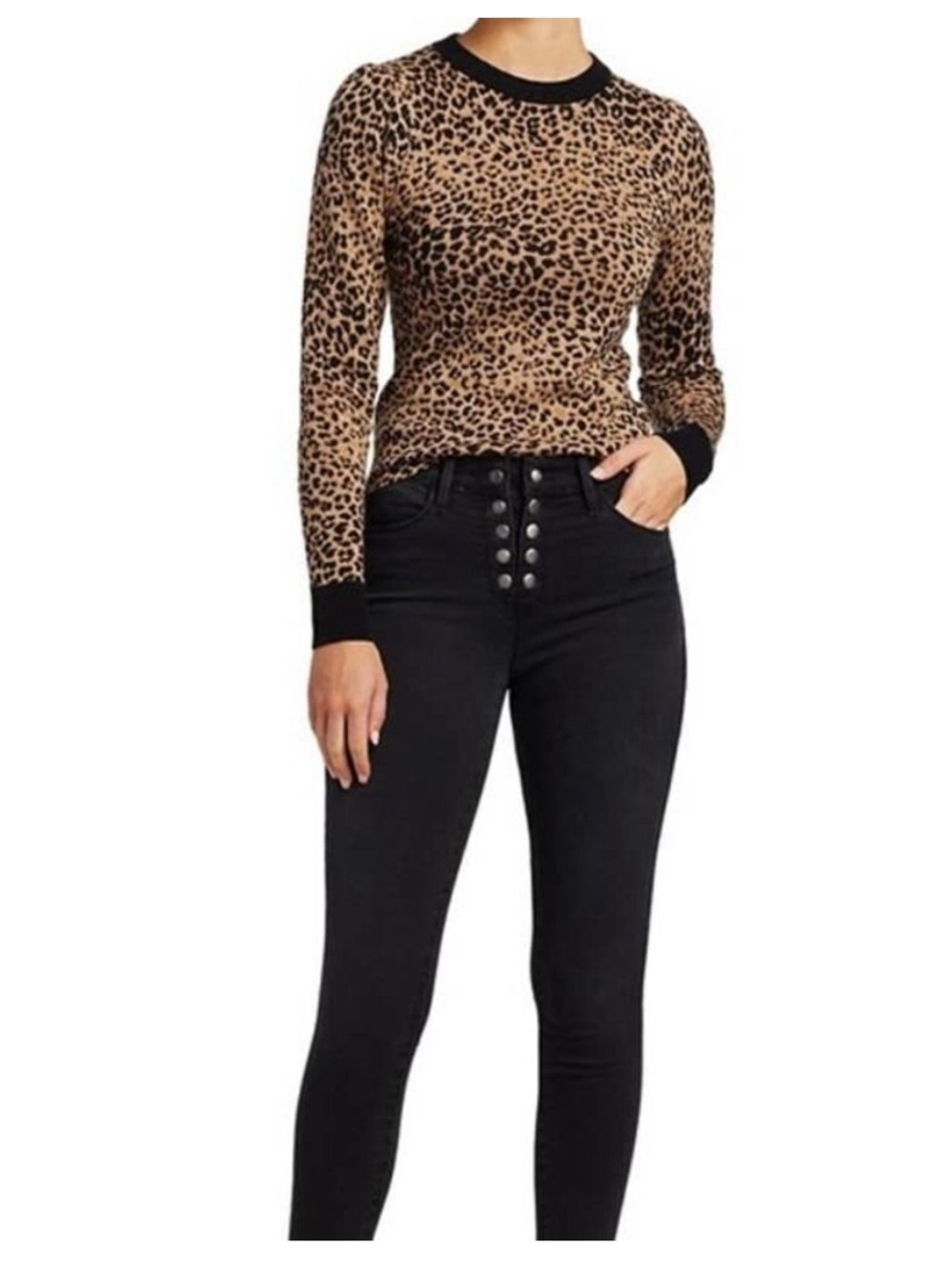 Frame Denim Leopard Print Crewneck Sweater in Tan and Black - Picture 3 of 5
